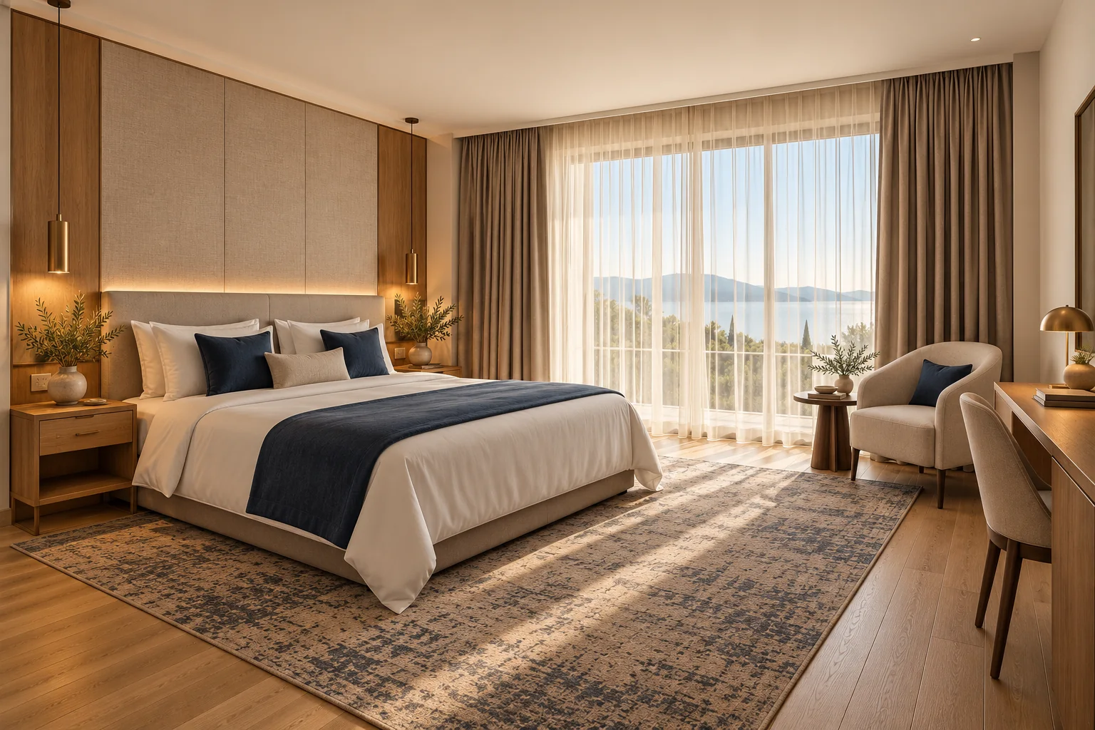Cameră de hotel ilustrativă în ansamblu: pat dublu, fotoliu, birou și perdele la fereastră